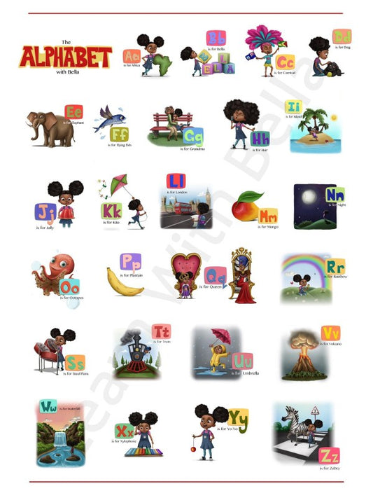 Alphabet chart with cartoon characters and educational illustrations on a white background